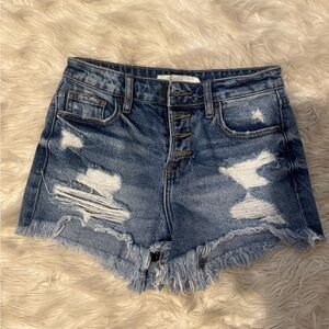 Blue Distressed Jean Shorts with Frayed Hem